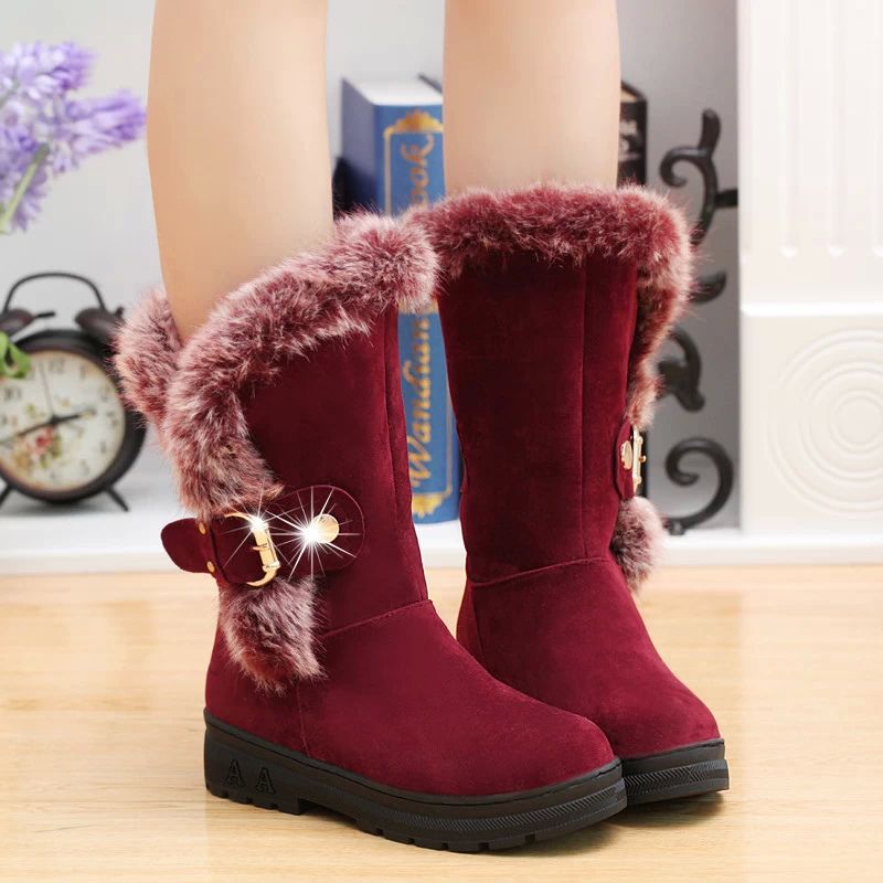 winter warm fur mid-calf boots for women snow shoes round-toe slip on flock rubber snow boots ladies zx674