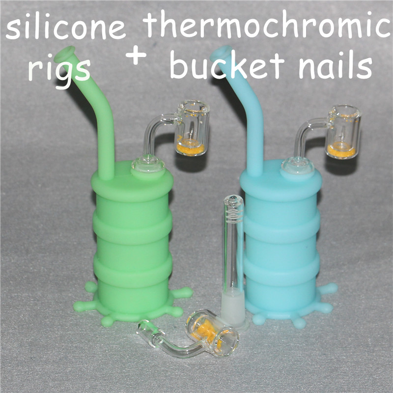 

Portable Hookahs Glow Silicone Barrel Rigs for Smoke Dry Herb Unbreakable Water Percolator Bong Smoking Oil pipes+Quartz Thermochromic Bucket