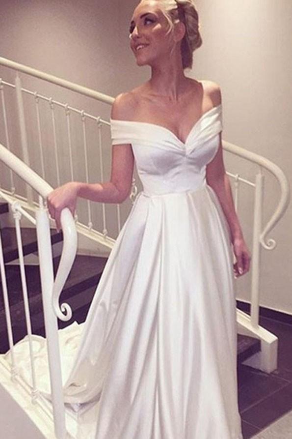 

US2-26W++ Off Shoulder Satin Wedding Dress New Draped Princess Long Bridal Gowns A Line Modern Elegant Best Selling Custom Made Fashion, Silver