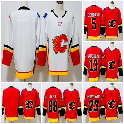 Factory Outlet Hommes Femmes Enfants Calgary Flames 5 Mark Giordano 13 Johnny Gaudreau 23 Sean Monahan 68 Chandails de hockey Jaromir Jagr rouge