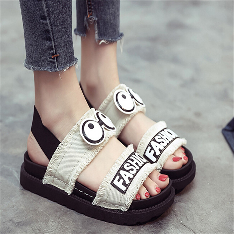 

cool!!Free shipping sales!!!2018 new sandals female summer flat wild students Korean Harajuku soft sister college wind cute beach sandals, White