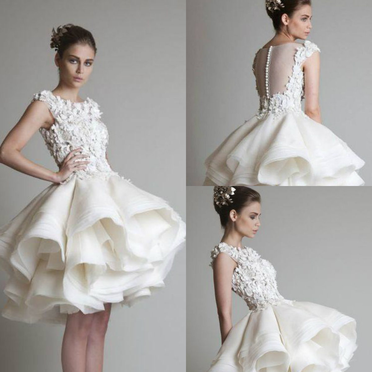 

Krikor Jabotian Short Wedding Dresses Lace 3D Floral Appliques Tiered Tulle Ruffle A Line Ball Gown Empire Country Bridal Gowns Plus Size, White