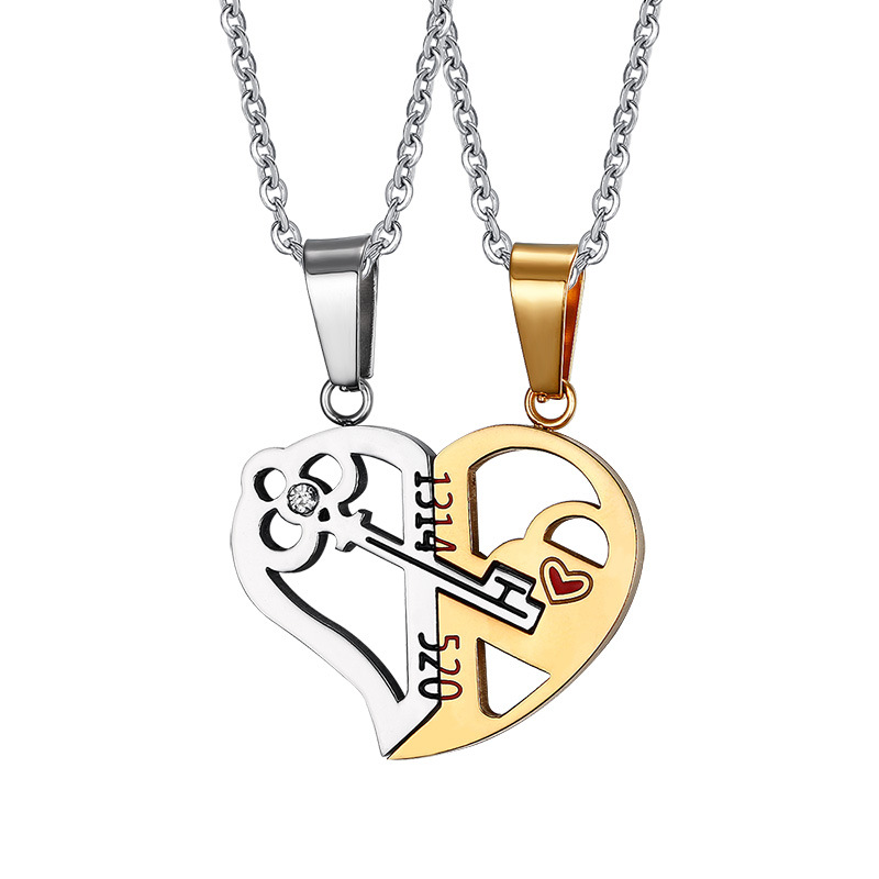 

Key & Lock Heart Shaped Necklace for Women Men Gold and Black Stainless Steel Pendant Couple Necklaces Lover Friendship Jewelry 2pcs/ set