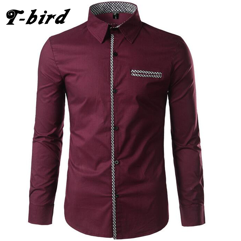 

T-Bird Clothing 2020 Fashion Shirt Male Access Splicing Dress Shirts Slim Fit Men Long Sleeve Mens Hawaiian Shirt Big Size, Red wine