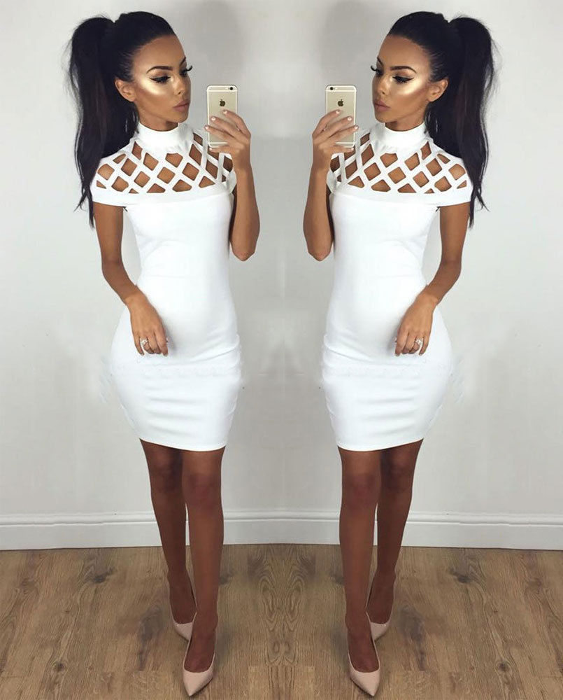 

Women Hollow Out Sexy Bodycon Dresses Short Sleeved Summer Mini Dress Lady Party Fashion Sheath Solid Color, Black