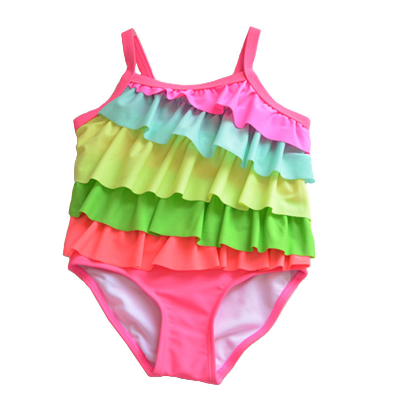 

New Arrival Girls Swimwear Children Rainbow Suspender One-piece Layered Swimming Swimming Suit Fashion Kids Beach Wear