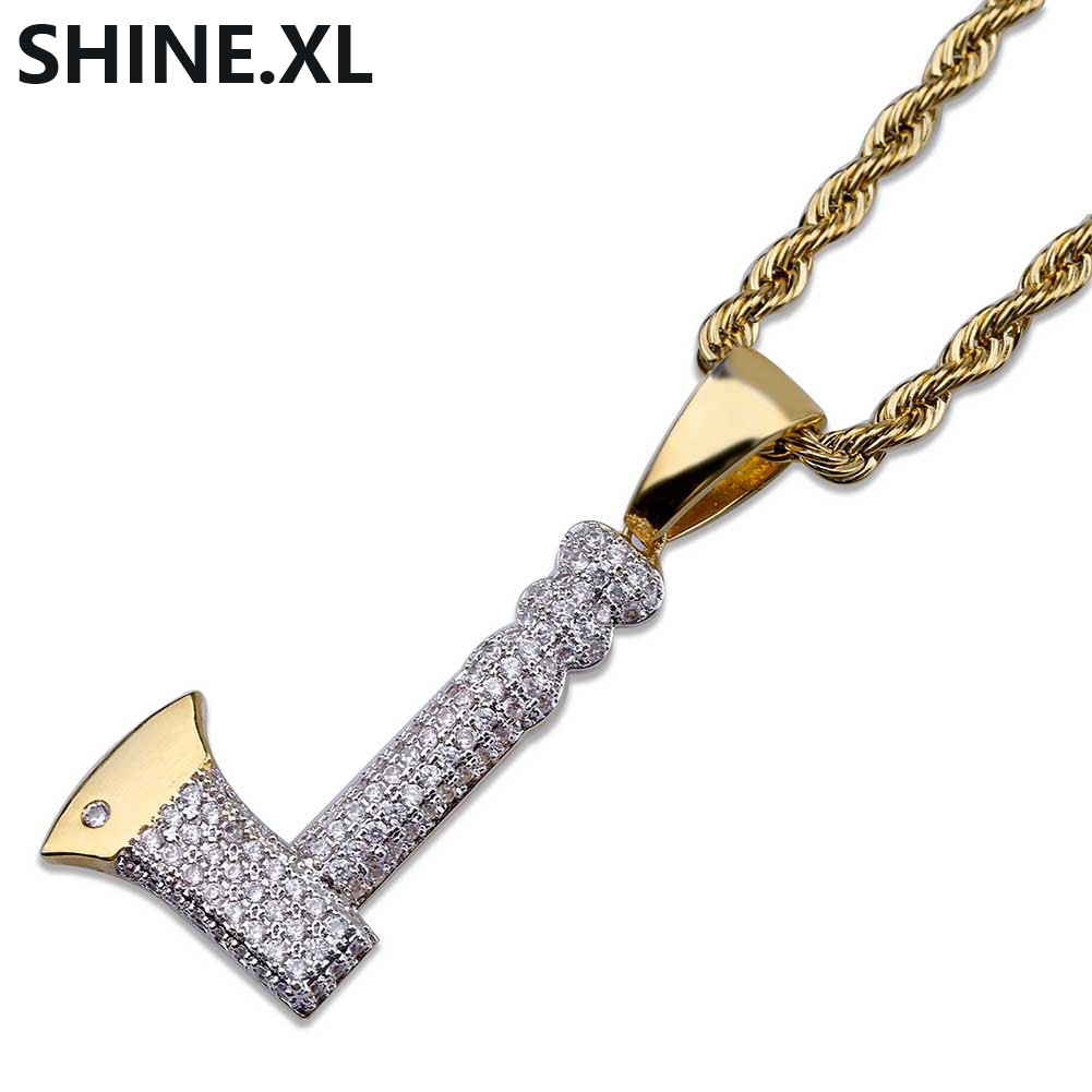 Hip Hop Men Rock AX Pendant Necklace Gold Color Plated Iced Out Micro Pave Zircon Charm Necklace for Men Women Bling Party Jewelry