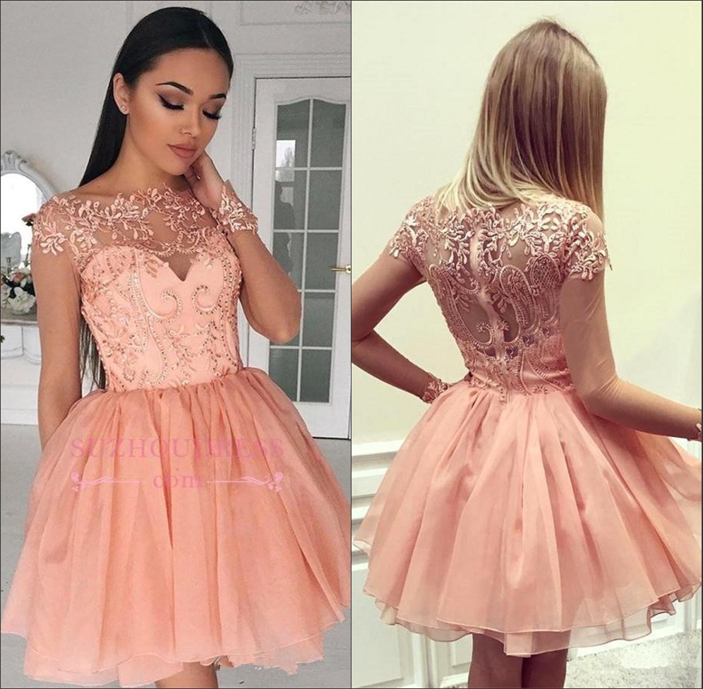 

2018 Sheer Coral Long Sleeves Lace A-Line Homecoming Dresses Tulle Applique Layered Ruffles Short Party Prom Dresses BA9193, Orange