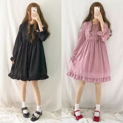 Wholesale 2018 fashion brand single breasted lolita dress female retro elegant was thin slim ruffles cute dress