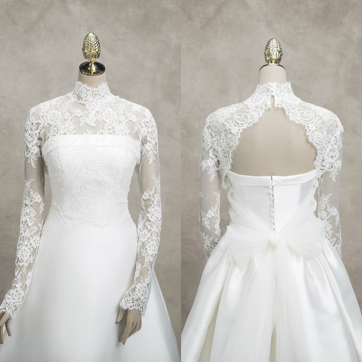 

Bridal Lace Jacket High Collar Long Sleeves Appliques Wrap Sheath Bridal Bolero For Wedding Dresses Custom Made High Quality Jacket, Champagne