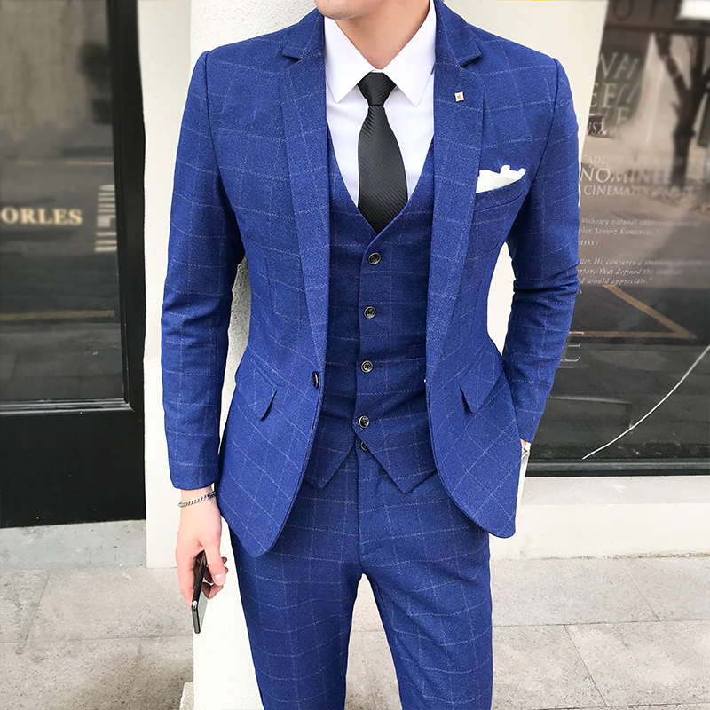 

Men Suit 3 Piece Korean Fashion Plaid Suit Men Brand New Autumn Winter Slim Fit Wedding Plus Size Clothes 2018 5XL, Blue