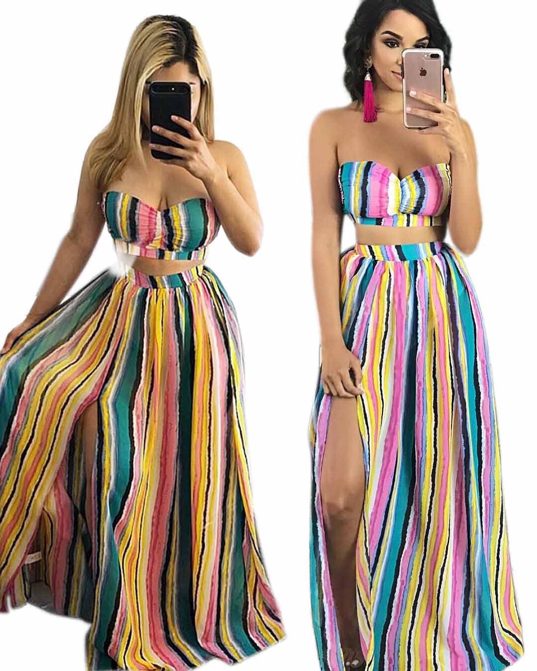 Sexy Lady Two Piece Dress,Strapless Top,Nice Split Ball Dresses,Beauty Striped Printing,Two Colours