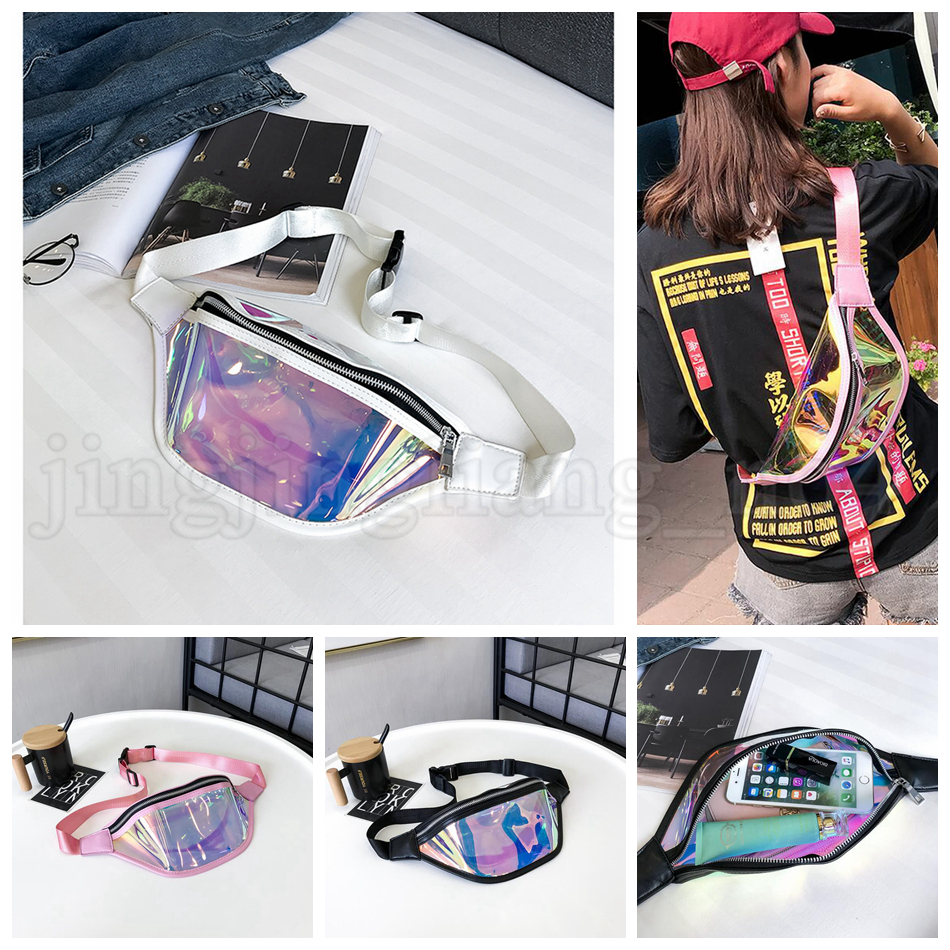

Women PVC Laser Hologram Waist Packs Fanny Pack Zipper Reflective Belt Bag Transparent Holographic Phone Bag Kids Handbag OOA5211, As picture