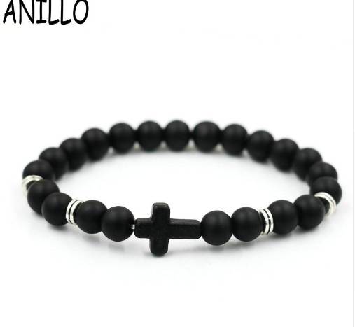 

ANILLO Wholesale Unisex Natural Stone Cross Men Bracelet Hand Work Black Onyx Volcano Matte Beaded Bracelets Pulseiras
