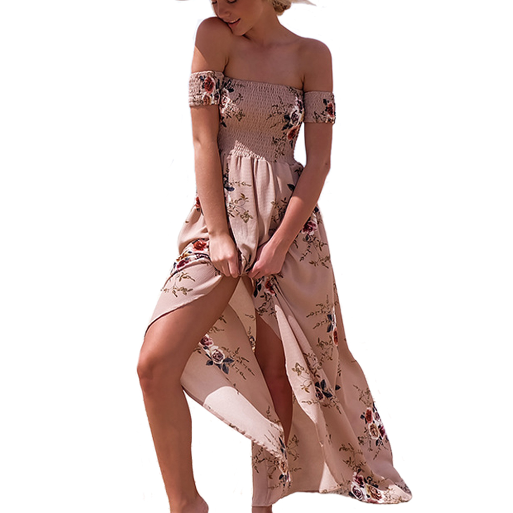 

2018 Newest Women Summer Dresses Sexy Floral Off The Shoulder Split Maxi Beach Wedding Party Cocktail Dress, Khaki