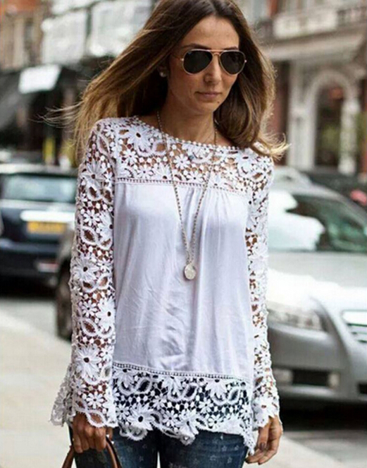 

Women's T-Shirt Summer Spring Lace Floral Blouse Women Tshirts Hollow Out Casual Loose Street Tops Long Sleeved Tees, Light pink