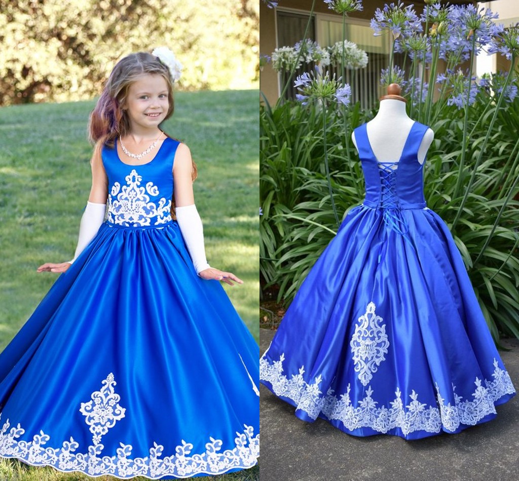 

Royal Blue Girls Pageant Dresses Scoop Neck Appliques Satin Floor Length Ball Gown Backless Children Birthday Party Dresses, Silver
