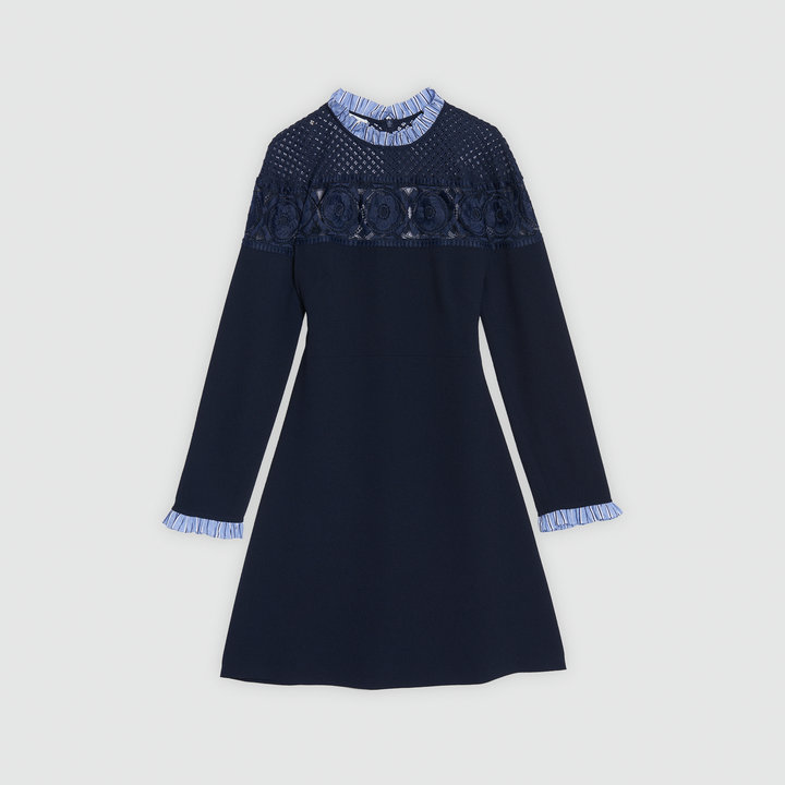 2018 France Striped Print Long Sleeves Round Collar Lace Lady Mini Dresses Women Dress N05 Fall Autumn Winter