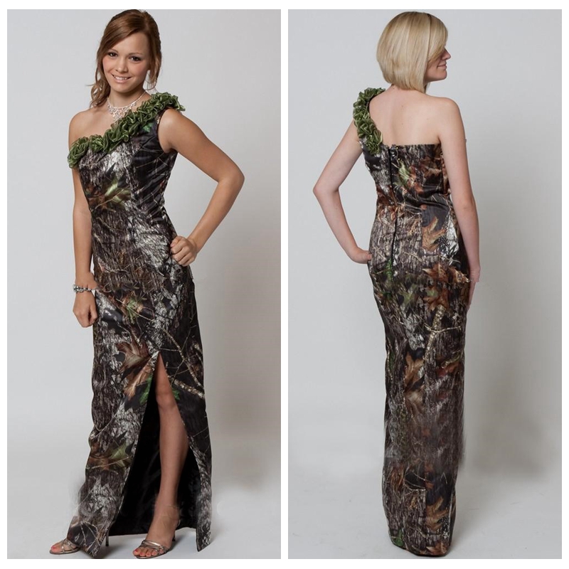 

One Shoulder Sheath Long Bridesmaids Dresses Camo Side Split Floor Length Custom Online Camouflage Honor Of Maid Cheap Real Tree Plus Size