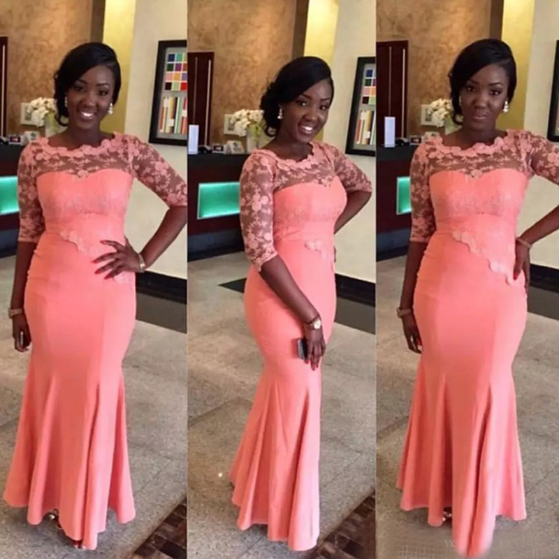 

Stunning 2018 Plus Size Coral Bridesmaid Dresses Mermaid African Nigerian Lace Styles Half Sleeve Maid of the Honor Dresses Formal Gowns