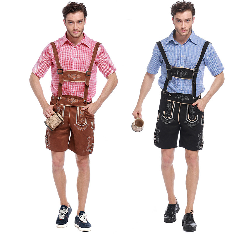 

German Beer Okotoberfest Bavarian guy Mens Lederhosen Adult Halloween costumes Fancy dress Outfit Cotton + Genuine Leather, Blue
