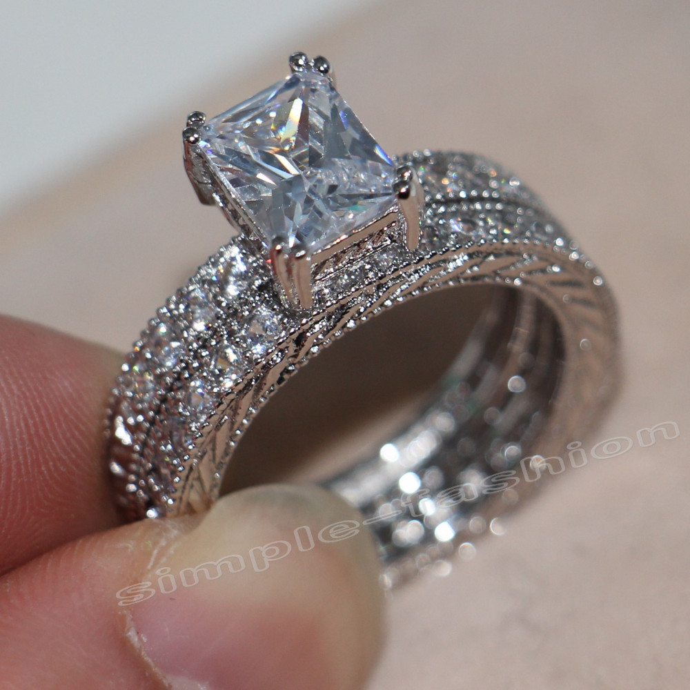 

Fashion Jewelry Princess cut 4ct Cz 5A Zircon stone 14KT White Gold Filled Engagement Wedding Band Ring Bridal Set Sz 5-11