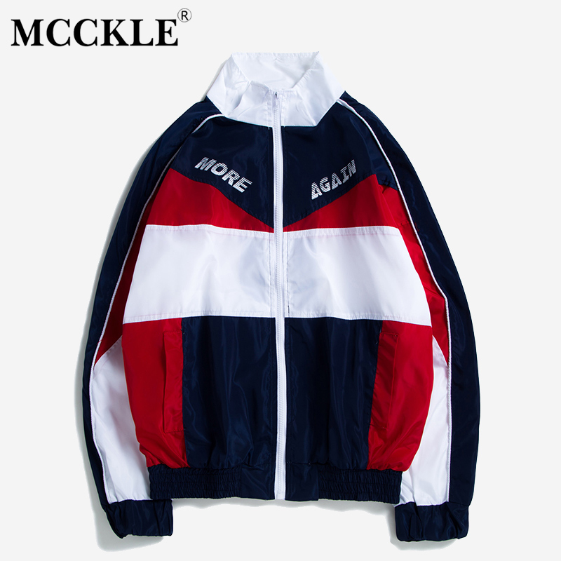 

MCCKLE Long Sleeve Patchwork Jackets 2018 Autumn Winter Hip Hop Stand Collar Jacket Streetwear Zip Coats, Blue