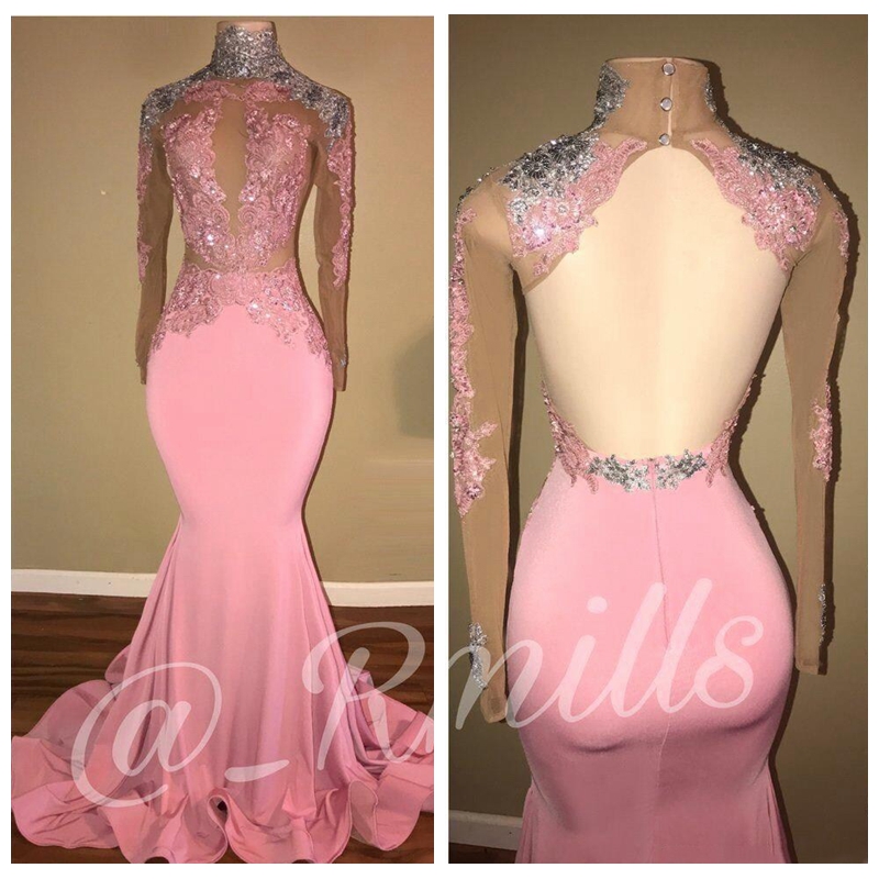 

Long Sleeves Slim Prom Dress High Neck With Silver Lace Appliques 2018 Mermaid Beaded Sequined Illusion Bodice Sexy Open Back Evening Gowns, Light yellow