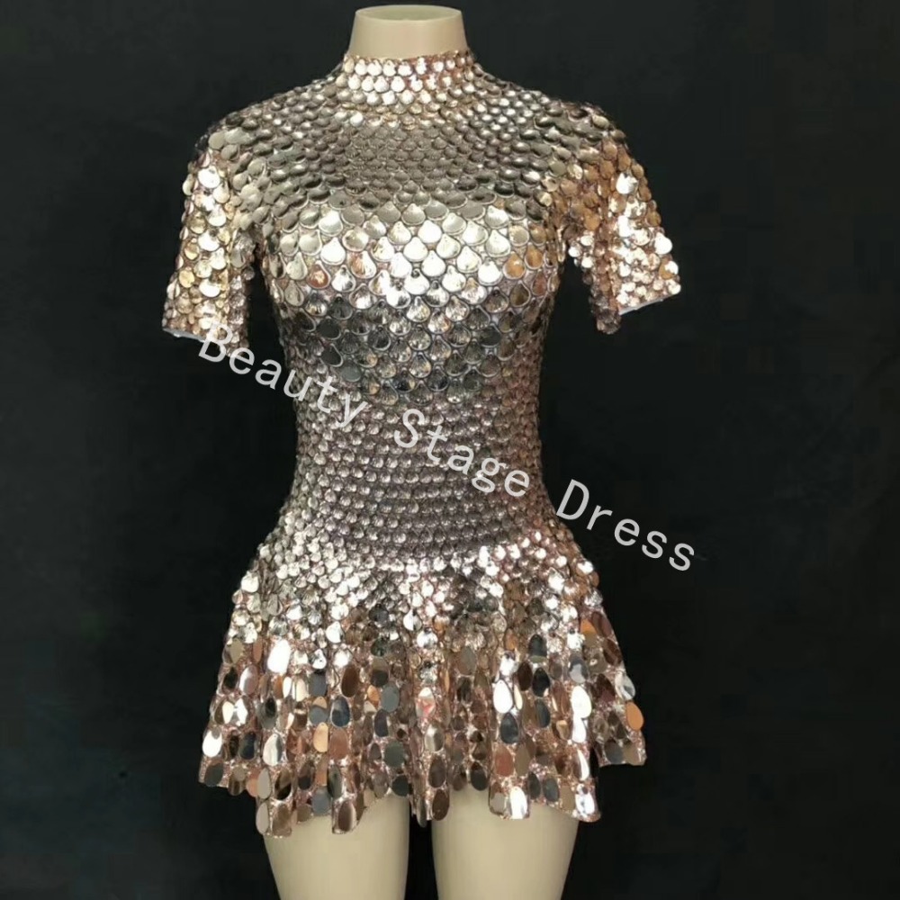 Shining Lovely Sequins Mini Dress Costume Celebrate Rhinestone Bodysuit Birthday Silver Dresses Sexy Nightclub Leotard-image-423807840