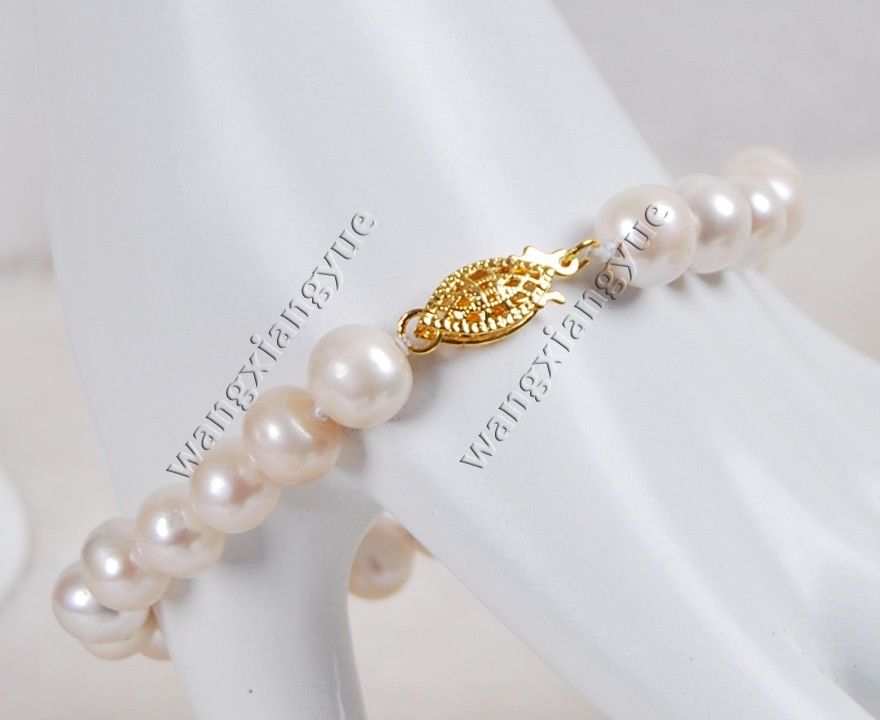 

8-9mm Genuine Natural White Akoya Cultured pearl bracelet 7.5" Hand Knotted, Black