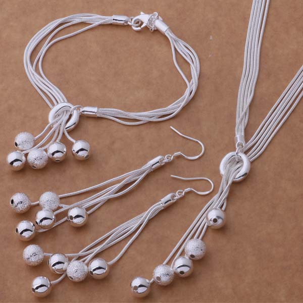 

925 sterling silver jewelry sets tassel bracelets earrings and necklaces ball pendant bracelet silver plated earring necklace model NO.NE917