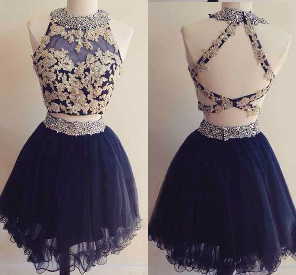 

2018 Navy Blue With Gold Lace Homecoming Prom Dresses Short Cheap designer Sheer Neck Applique Beaded Two Pieces Tulle Ball gown Formal