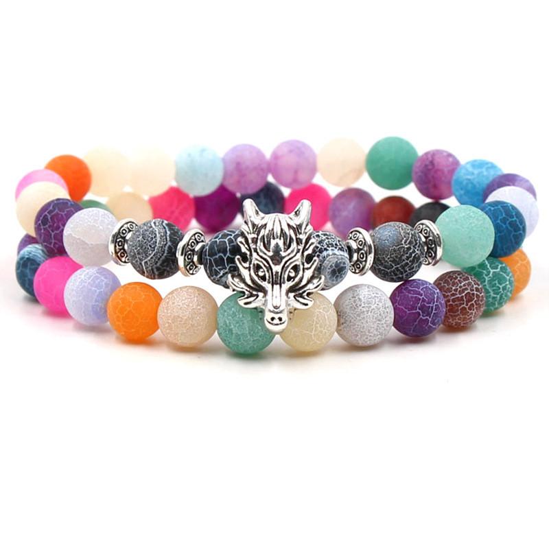 

New Colorful Weathering Agate 2pc/Set Couples Bracelet 8mm Natural Stone Bracelet Owl Lion Dog Paw Bangles For Women & Men Gift, Black