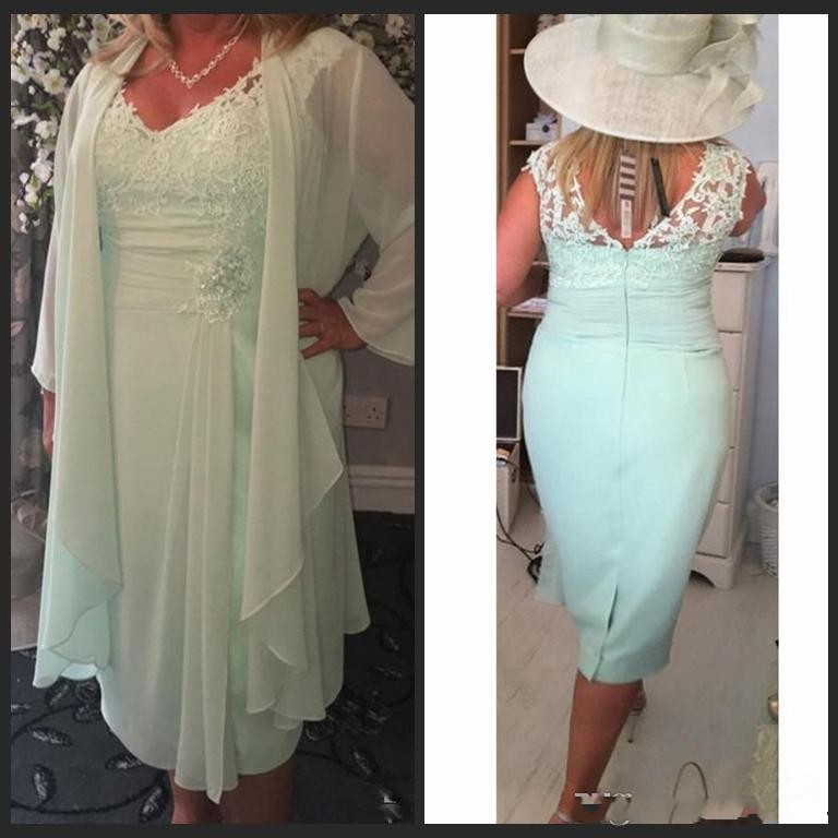 

Mint Green Tea Length Mother of the Bride Dresses with Wrap V Neck Plus Size Chiffon Lace mother of the groom dresses