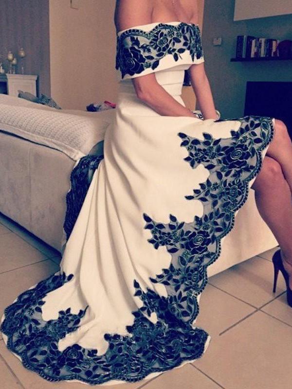 

2023 High Low Evening Dress Off The Shoulder White Satin Black Lace Applique Formal Party Prom Gowns Runway Red Carpet Dresses Evening Wear, Same as picture