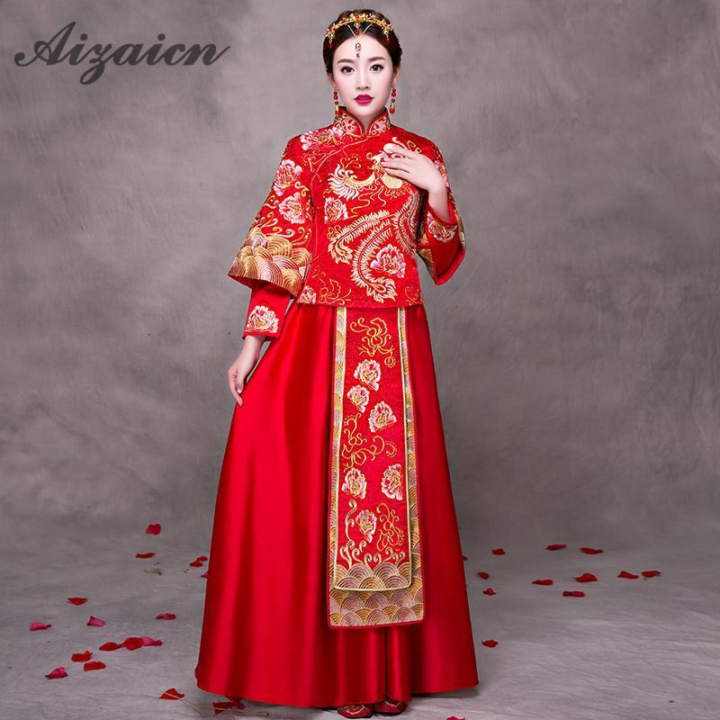 

Chinese Traditional Wedding Gowns Bride Cheongsam Women Married Dress Red Modern Qipao Oriental Party Dresses Gold Brocade Gown