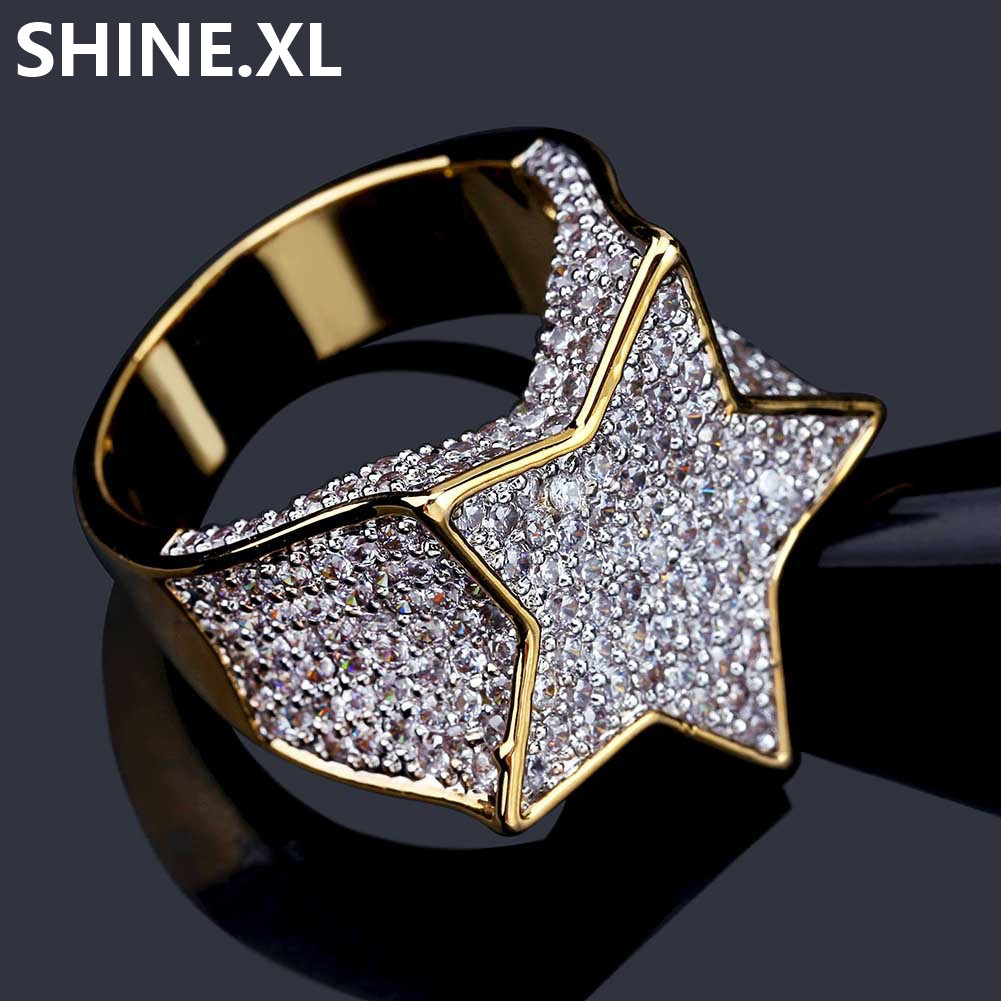 Hip Hop New Custom Star Gold Color Plated Ring All Iced Out CZ Stone Rings for Women & Male Bling Party Jewelry