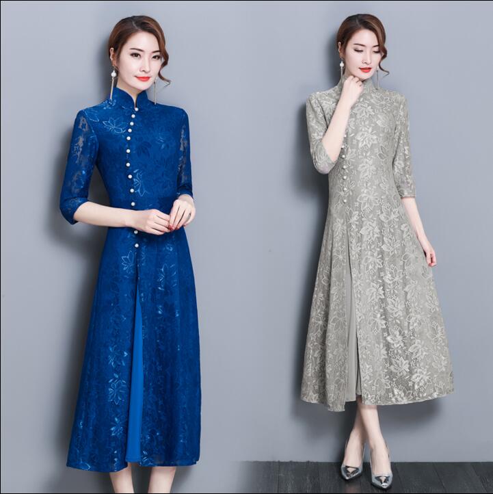 Beautiful!! 2018 free shipping Spring New Cheongsam Dress Elegant Retro Lace Evening Dress Chinese Oriental vietnam ao dai