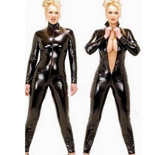2016 Hot Sexy Black Catwomen Jumpsuit PVC Spandex Latex Catsuit Costumes for Women Body Suits Fetish Leather Dress Plus Size XXL