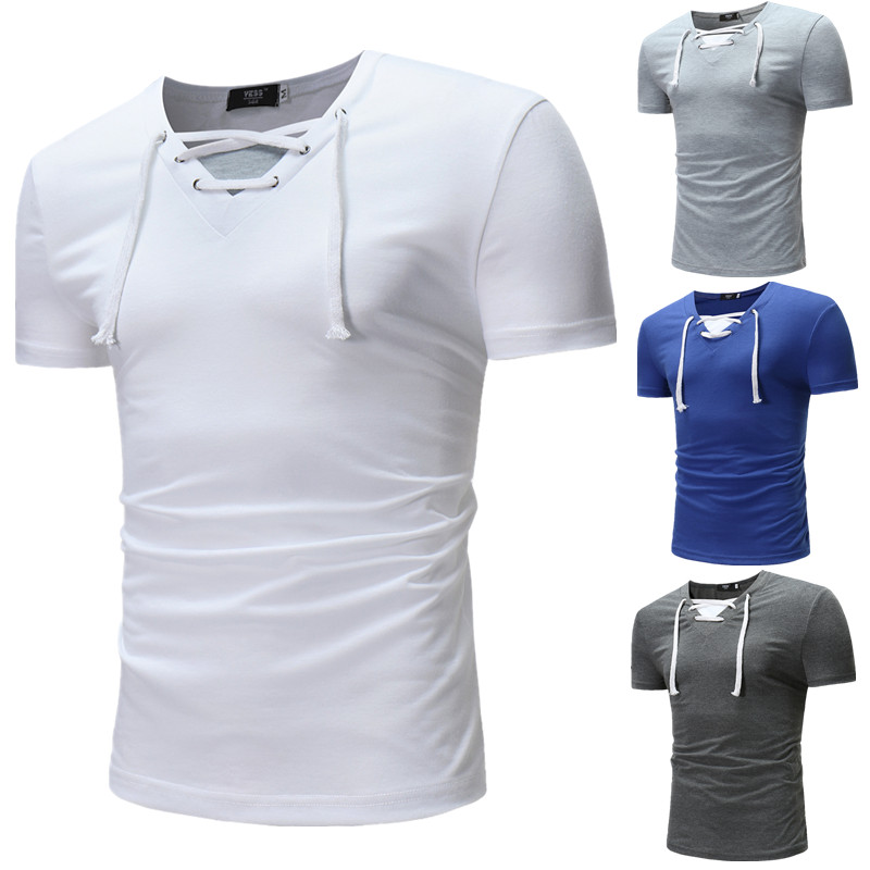 

New Brands Hot Shirts Men's Personality V-neck with Rope T Shirts Mens T Shirt Cotton Black White Tops Shirt New Fashion Tees FreeShipping