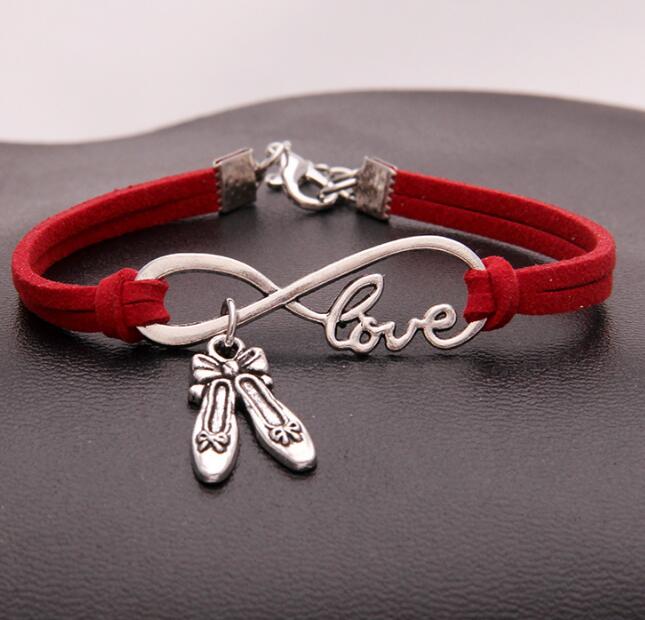 

Vintage Silver LOVE Infinity Dance Shoes Charms Bracelet Bangle For Men Women Mixed Color Velvet Rope Cuff Bracelets Jewelry 20PCS