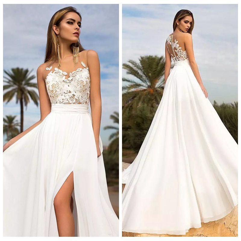 

2018 Summer Beach Sexy High Side Split Wedding Dresses Lace Sheer Neck A-line Sweep Train Chiffon Wedding Gowns Bridal Gowns Custom, Gold