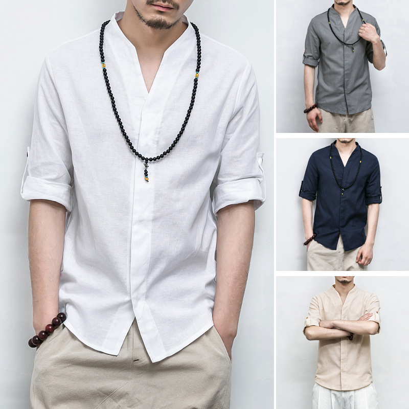 Men cotton linen shirt casual short sleeve button down traditional v neck 5XL homme shirt Wholesale Free Shipping