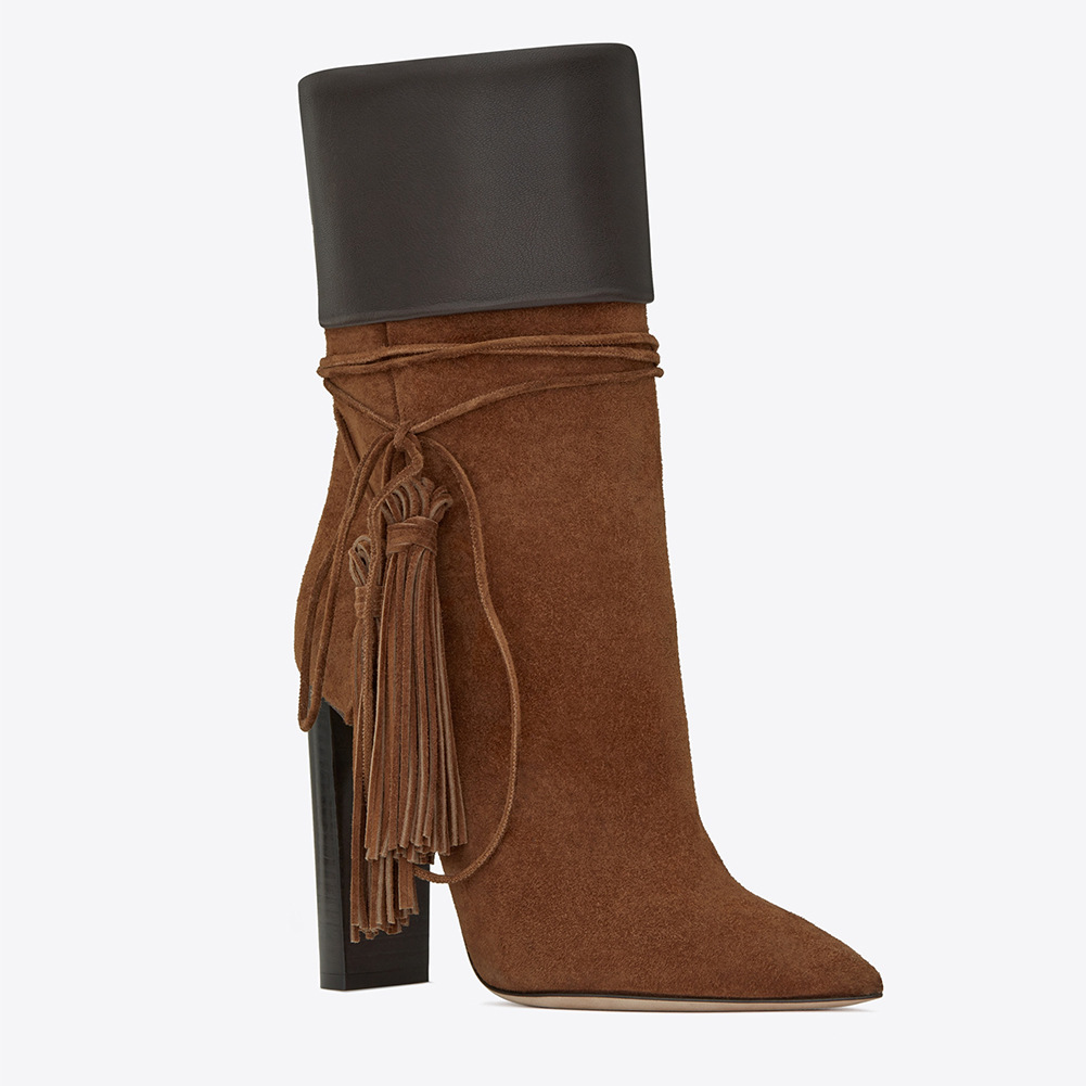 2018 new fashion boots leather chuncky heels Patchwork pointed toes winter boots ankle chic women shoes tassel botas