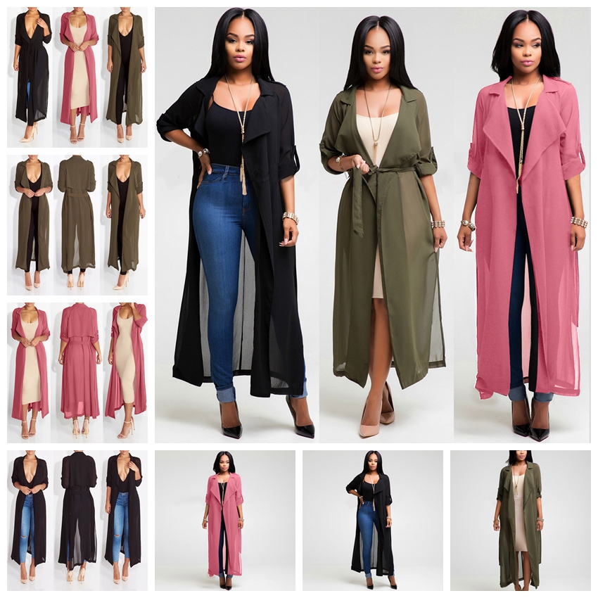 manteau 2023 Europe États-Unis mode couleur pure cardigan revers manchette ceinture longue section manteau de chemise en mousseline de soie, sout