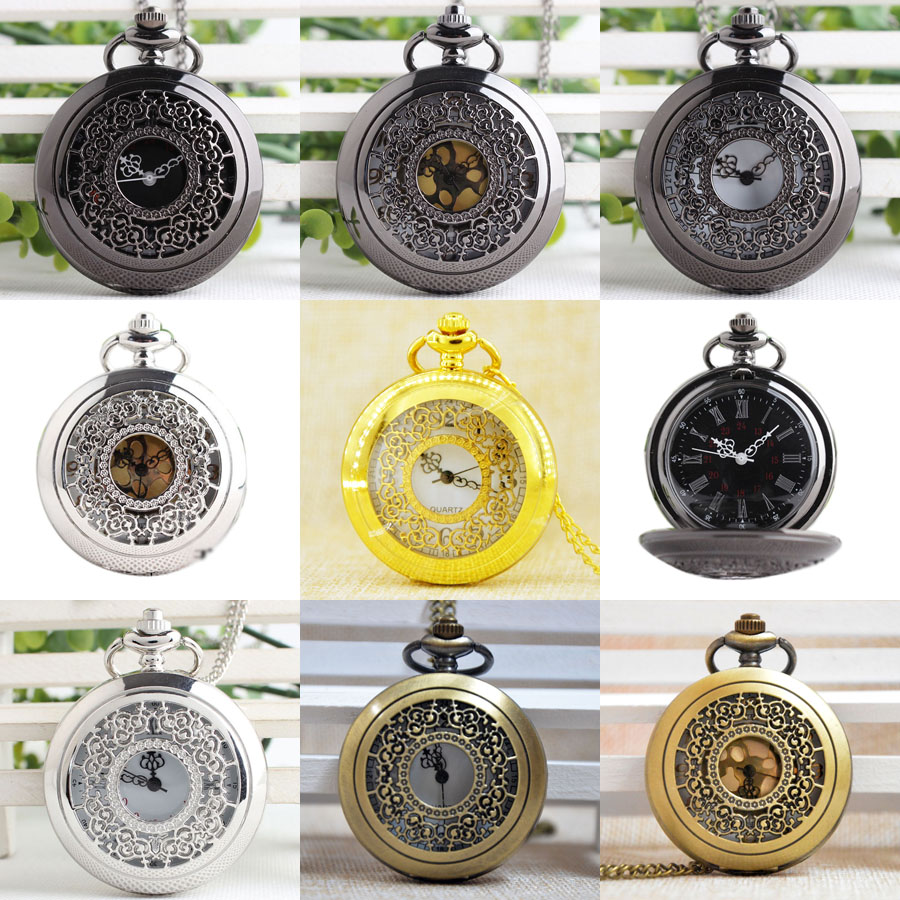 P233B Black Flowers Round Dial Pendant Large Hollow Quartz Pocket Watch Men Women Necklace Chain Gift Watch Regarder