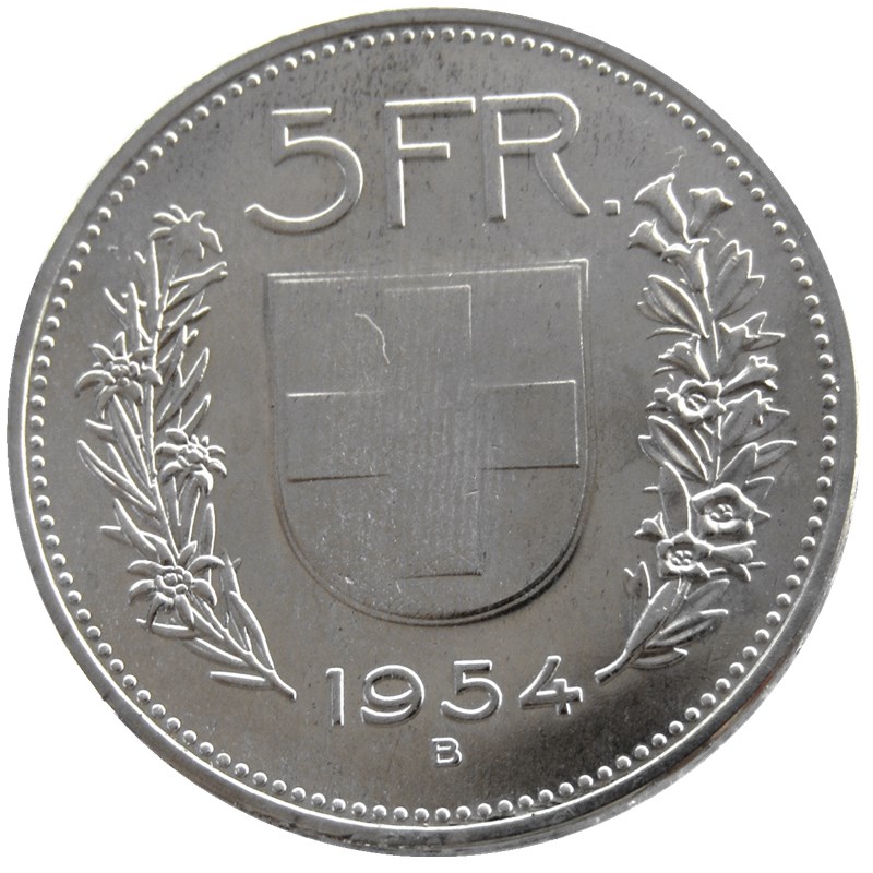 

UNC 1954 Switzerland (Confederation) Silver 5 Francs (5 Franken) Nickel Plated Brass Copy Coin diameter:31.45mm