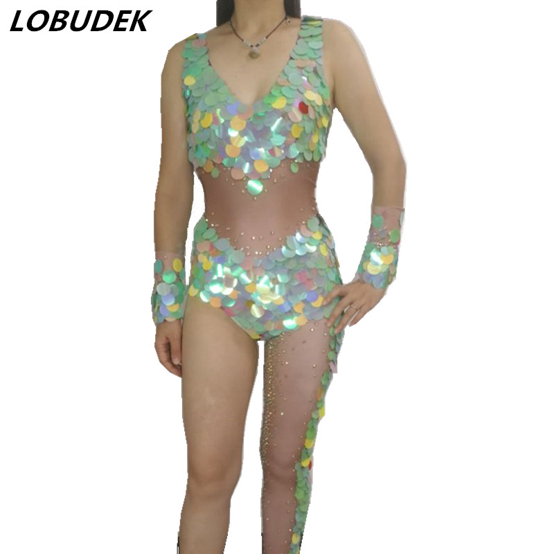 Female single leg barelegged jumpsuit sparkly Crystals Sequins Jumpsuit Bar Nightclub DJ singer stage Costume Star Catwalk-image-423871382
