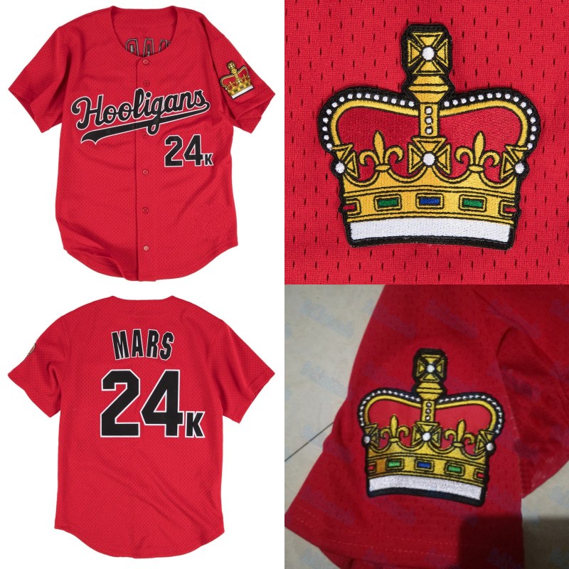 

BRUNO MARS 24K HOOLIGANS JERSEY Stiched Crown Logos Embroidery Name And Number Red Baseball Jerseys For Men