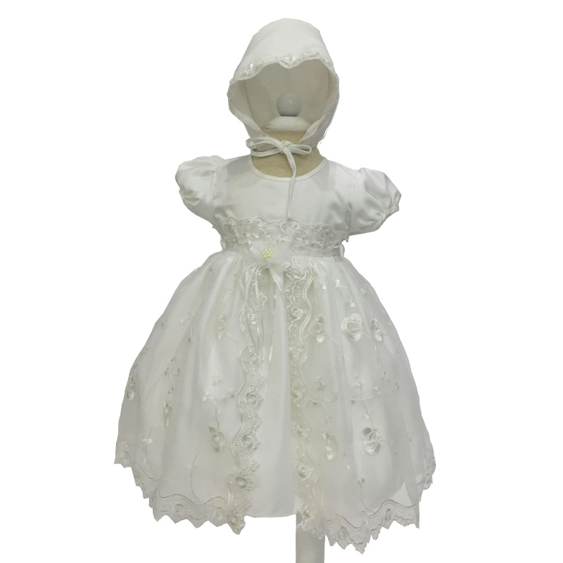 

High Quality Baby Baptism Dress for Infant Girls Ivory Embroidery Organza First Communion Baby Gowns with Hat Bebe Vestido, Beige